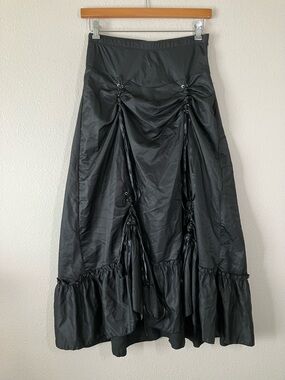 BURVOGUE Black Satin Skirt M Burlesque Lace Up Flared Maximalist Festival Boho